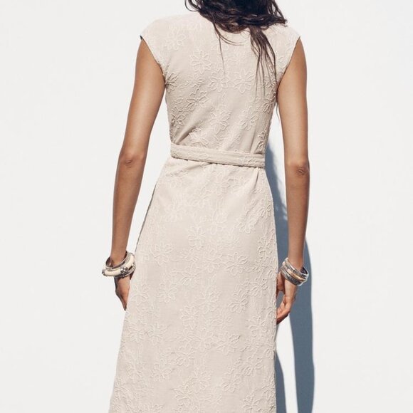 Zara Rustic Midi Dress Ecru Beige | V-Neck Wrap | Belted Floral Jacquard Size M - Picture 2 of 13